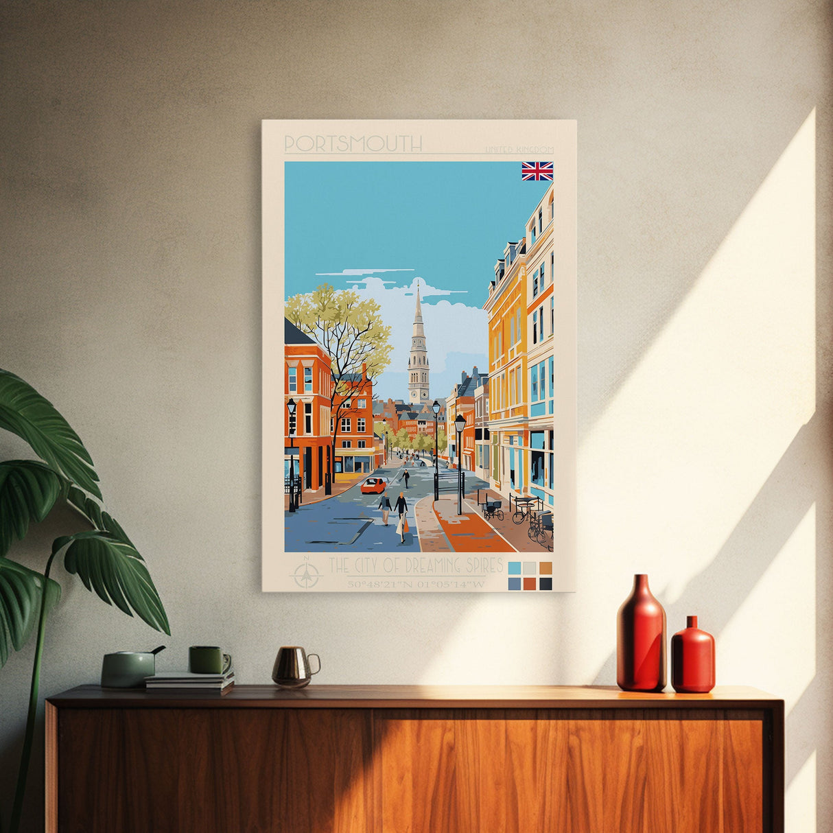 Portsmouth United Kingdom Travel Poster Framed Canvas Print, Midcentury Modern Art, Pop Art Wall Decor, Scenic Wall Art, Bedroom Decoration