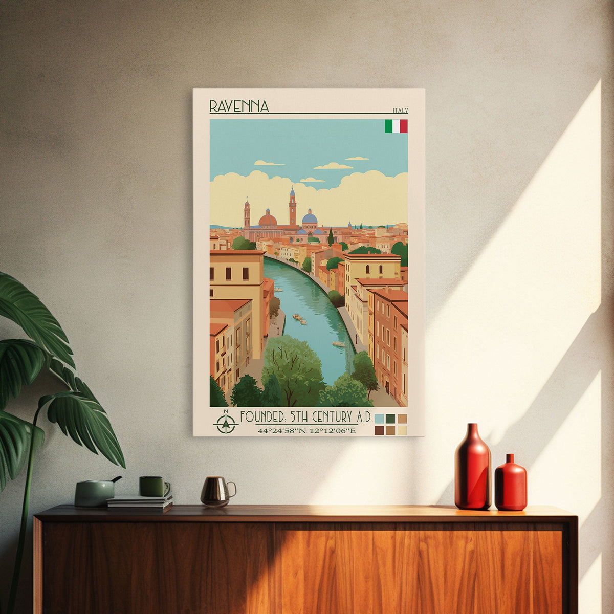 Ravenna Italy Travel Poster Framed Canvas Print, Midcentury Modern Art, Pop Art Wall Decor, Home Decor, Vacation Gift, Office Art