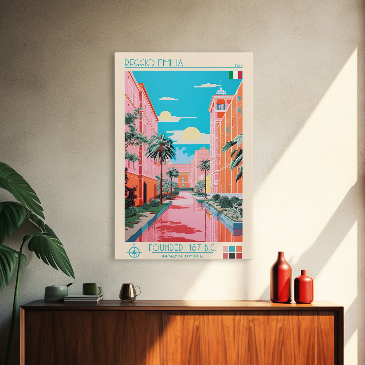 Reggio Emilia Italy Travel Poster Framed Canvas Print, Midcentury Modern Art, Pop Art Wall Decor, Scenic Wall Art, Living Room Decoration, Office Art