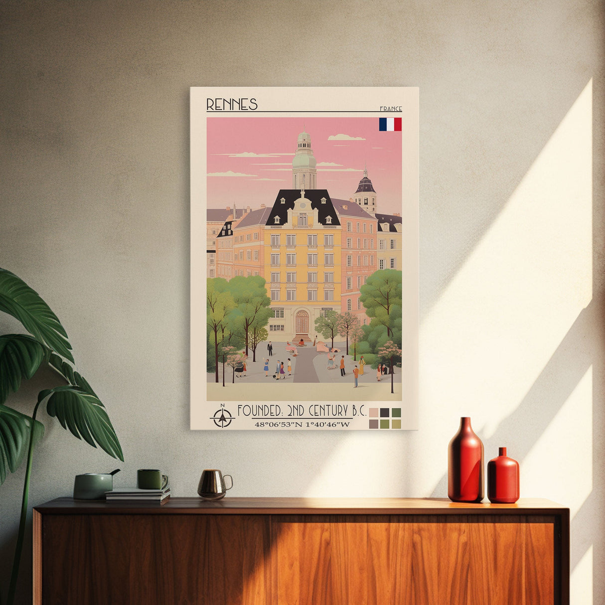 Rennes France Travel Poster Framed Canvas Print, Midcentury Modern Art, Pop Art Wall Decor, Scenic Wall Art, Living Room Decoration, Office Gift