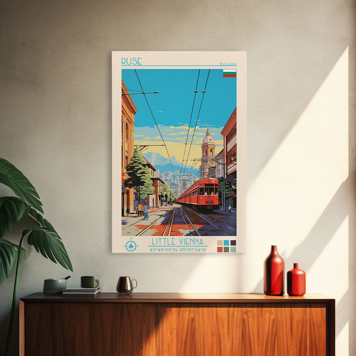 Ruse Bulgaria Travel Poster Framed Canvas Print, Midcentury Modern Art, Pop Art Wall Decor, Scenic Wall Art, Living Room Decoration, Office Gift