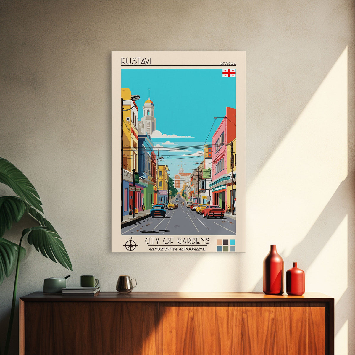 Rustavi Georgia Travel Poster Framed Canvas Print, Midcentury Modern Art, Pop Art Wall Decor, Scenic Wall Art, Bedroom Decoration