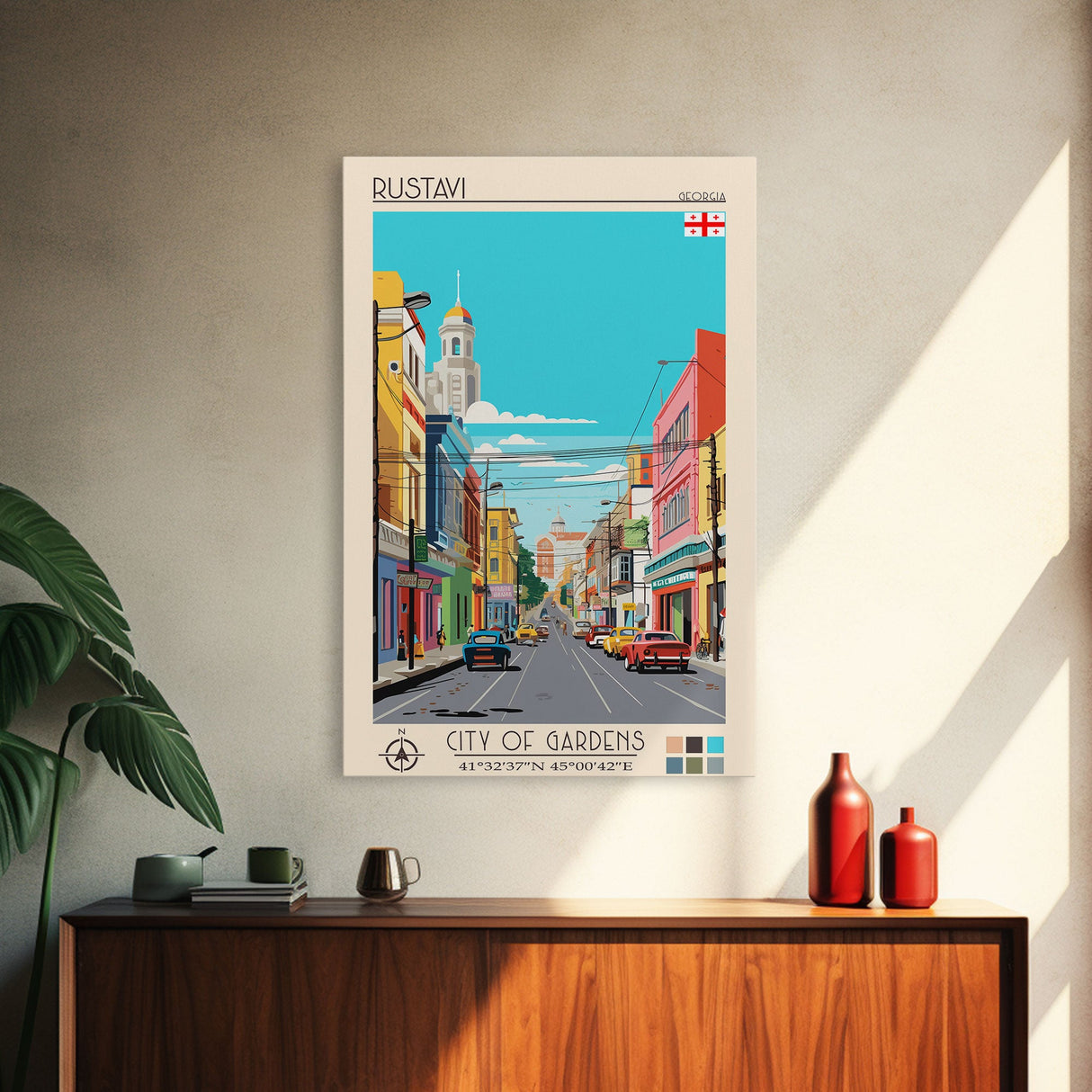 Rustavi Georgia Travel Poster Framed Canvas Print, Midcentury Modern Art, Pop Art Wall Decor, Scenic Wall Art, Bedroom Decoration