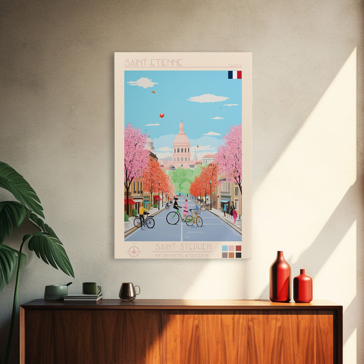 Saint-Étienne France Travel Poster Framed Canvas Print, Midcentury Modern Art, Pop Art Wall Decor, Living Room Art, Vacation Gift