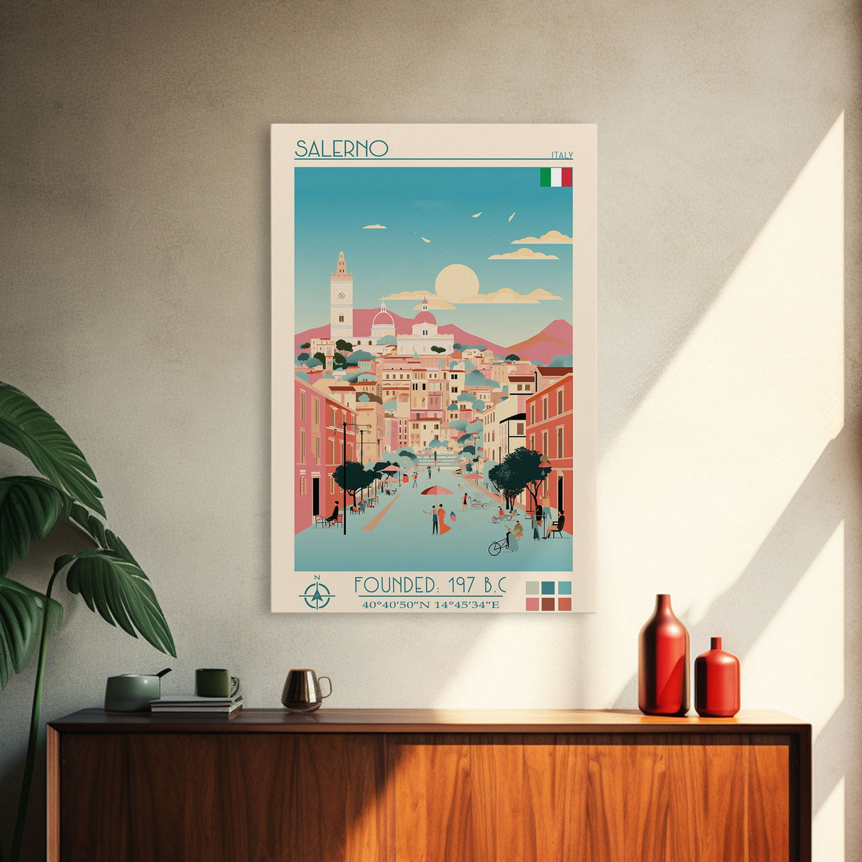 Salerno Italy Travel Poster Framed Canvas Print, Midcentury Modern Art, Pop Art Wall Decor, Home Decor, Office Gift, Living Room Art