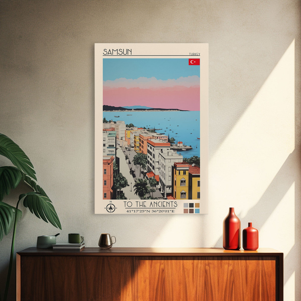 Samsun Turkey Travel Poster Framed Canvas Print, Midcentury Modern Art, Pop Art Wall Decor, Living Room Art, Vacation Gift