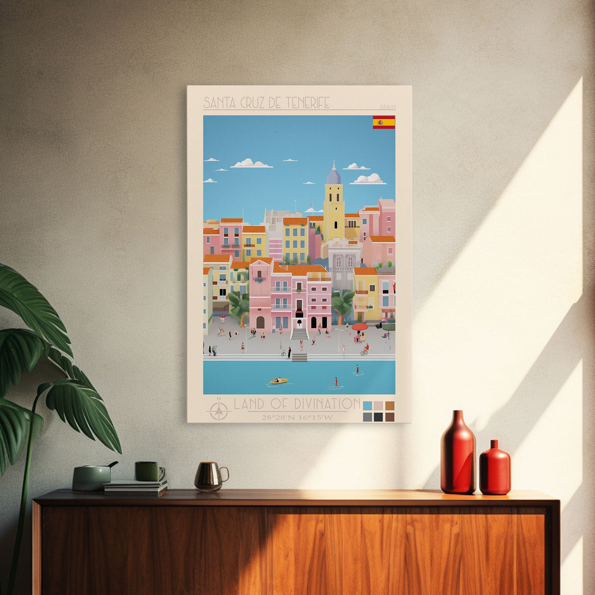 Santa Cruz de Tenerife Spain Travel Poster Framed Canvas Print, Midcentury Modern Art, Pop Art Wall Decor, Living Room Art, Bedroom Decoration