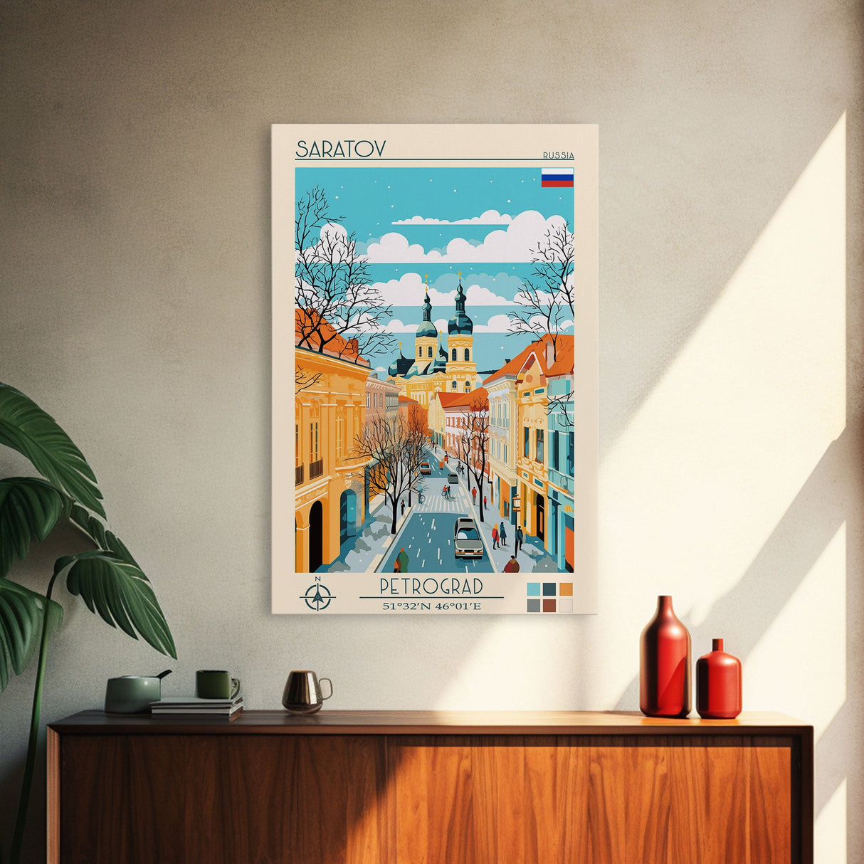 Saratov Russia Travel Poster Framed Canvas Print, Midcentury Modern Art, Pop Art Wall Decor, Home Decor, Vacation Gift