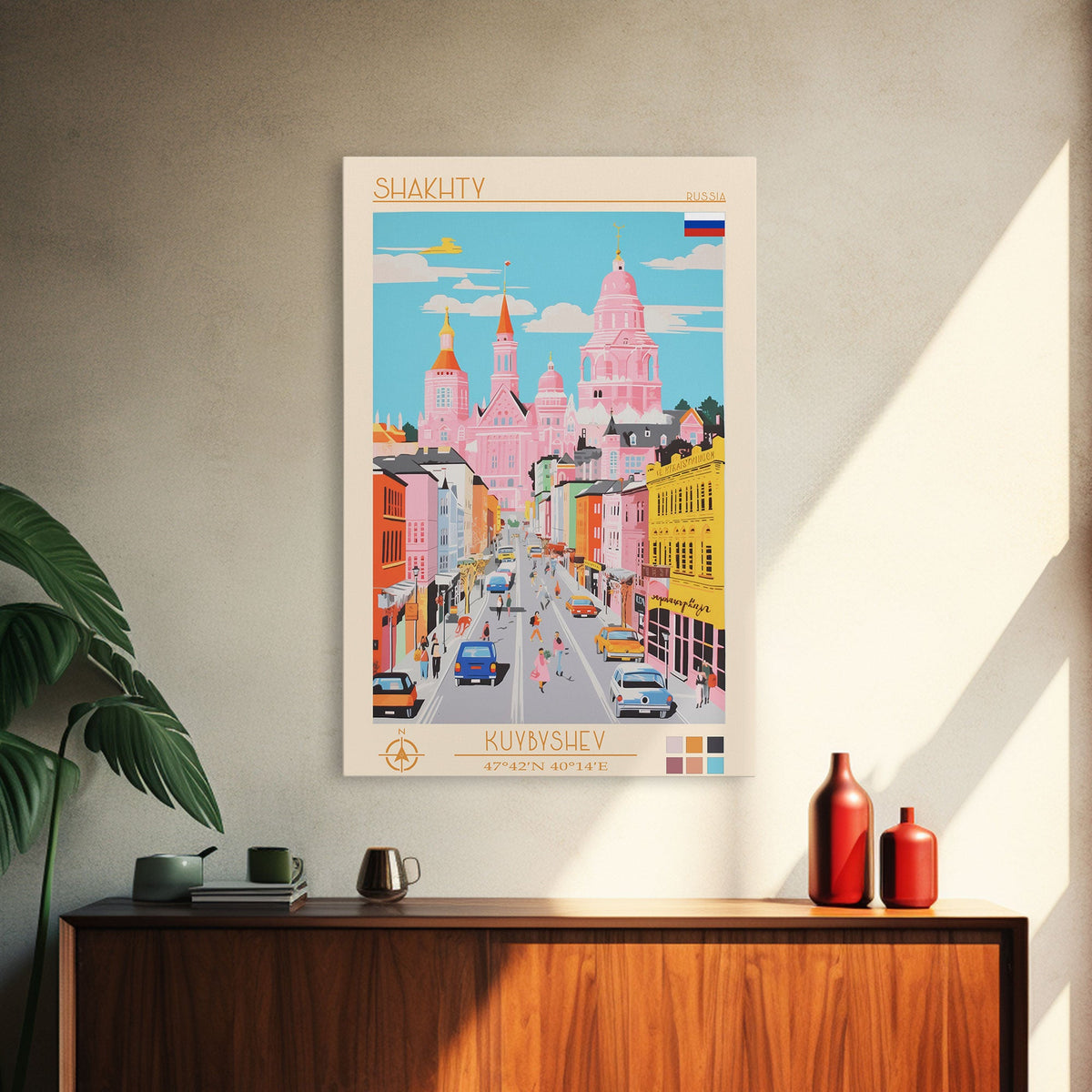 Shakhty Russia Travel Poster Framed Canvas Print, Midcentury Modern Art, Pop Art Wall Decor, Living Room Art, Bedroom Decoration