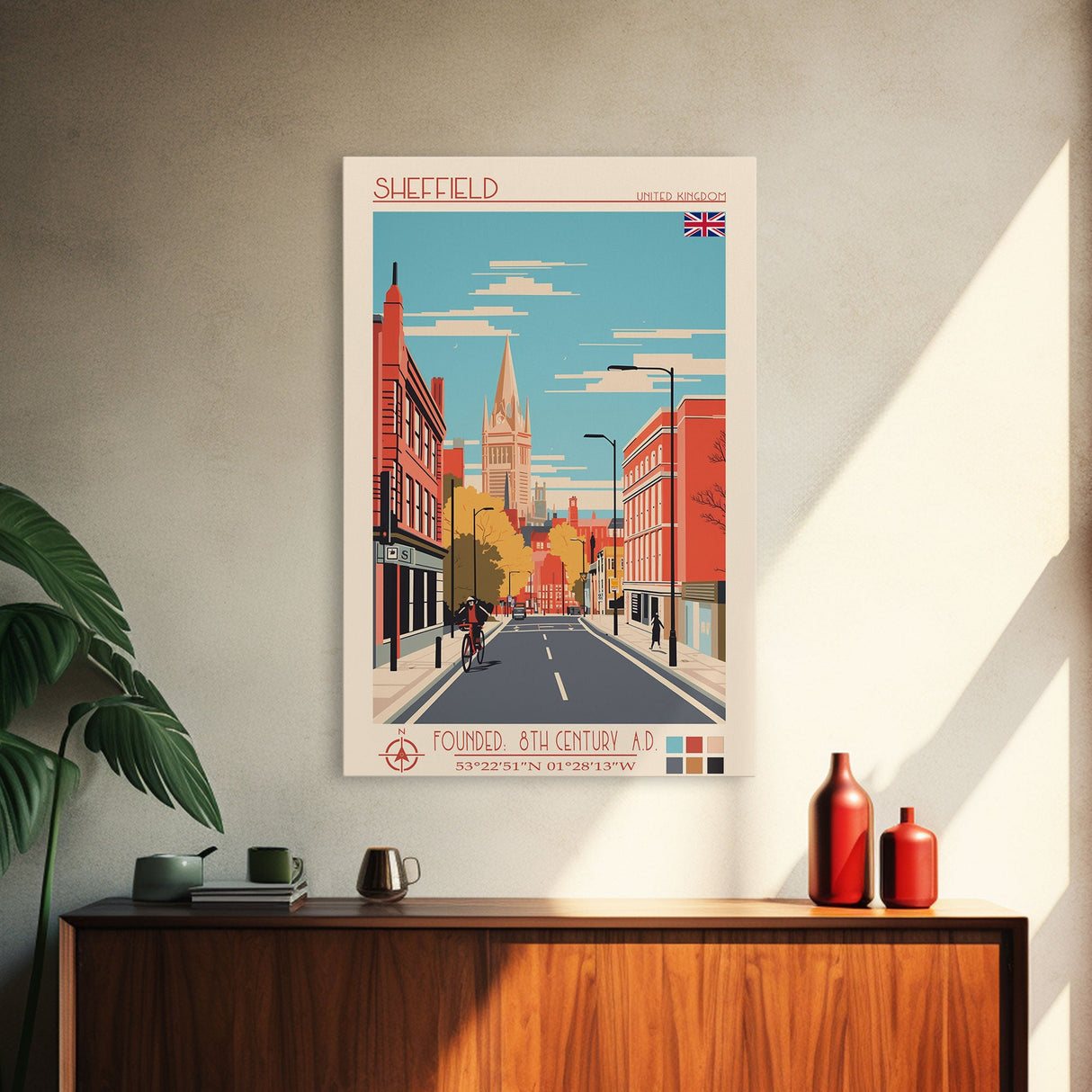 Sheffield United Kingdom Travel Poster Framed Canvas Print, Midcentury Modern Art, Pop Art Wall Decor, Home Decor, Vacation Gift, Office Art