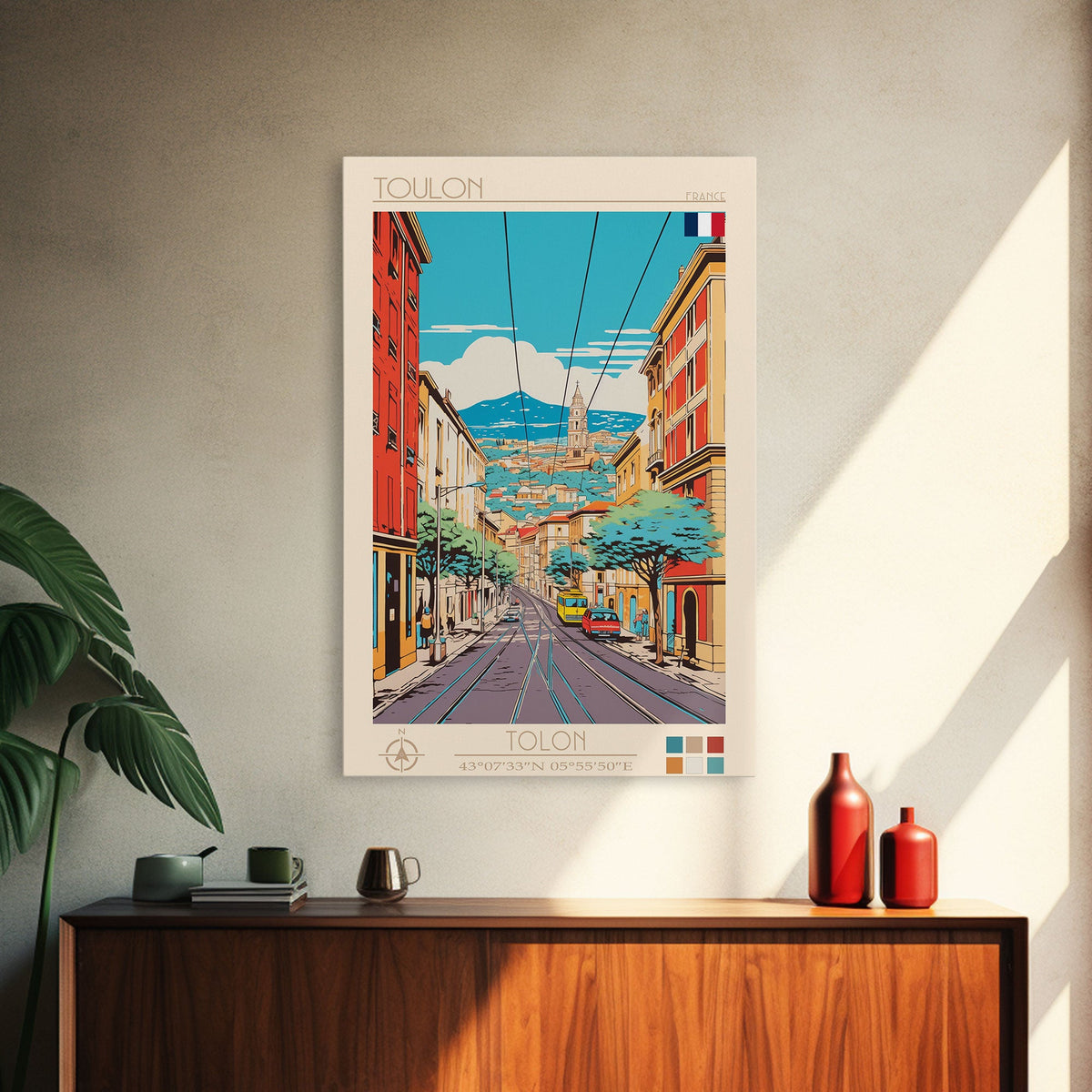 Toulon France Travel Poster Framed Canvas Print, Midcentury Modern Art, Pop Art Wall Decor, Living Room Art, Home Decoration