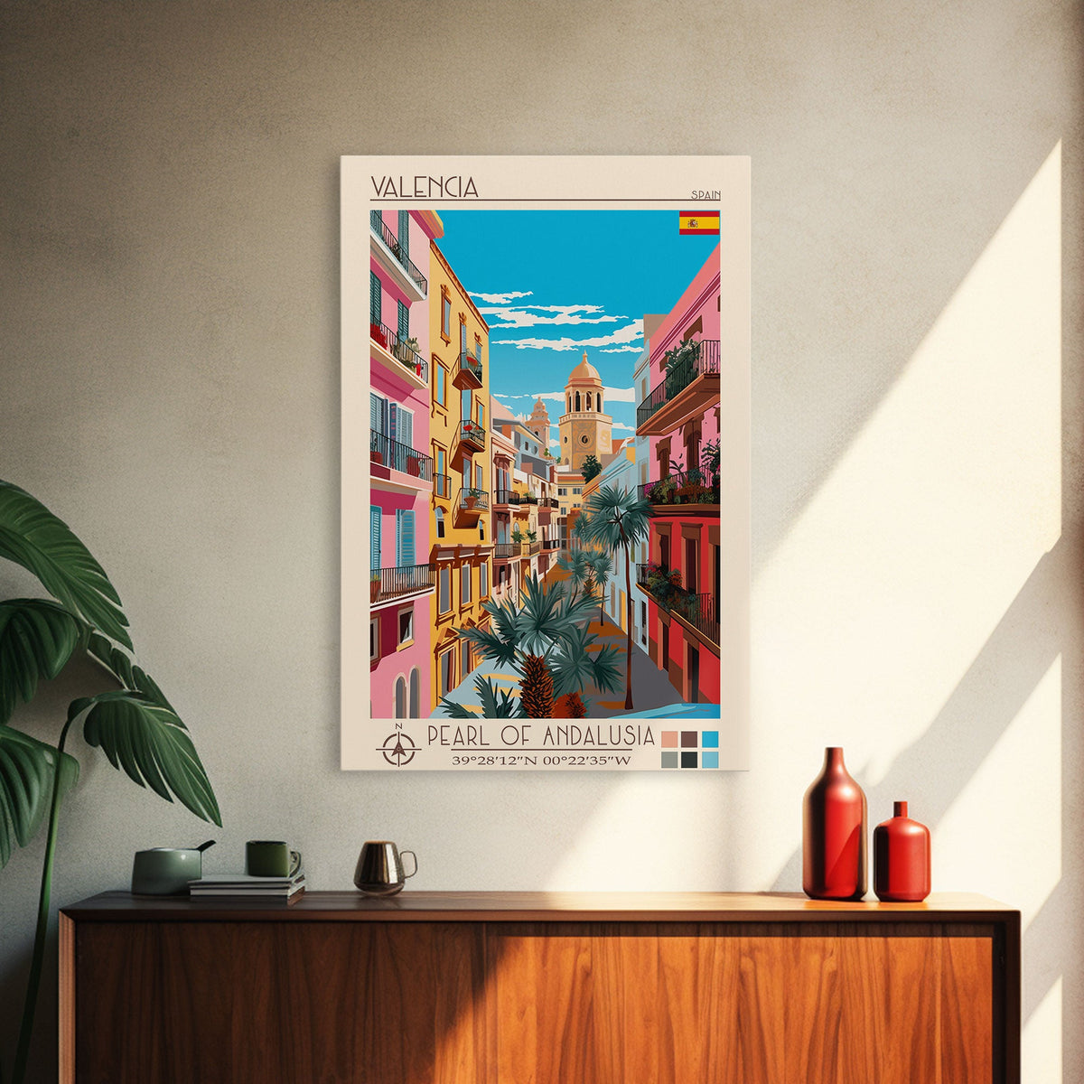 Valencia Spain Travel Poster Framed Canvas Print, Midcentury Modern Art, Pop Art Wall Decor, Living Room Art, Vacation Gift