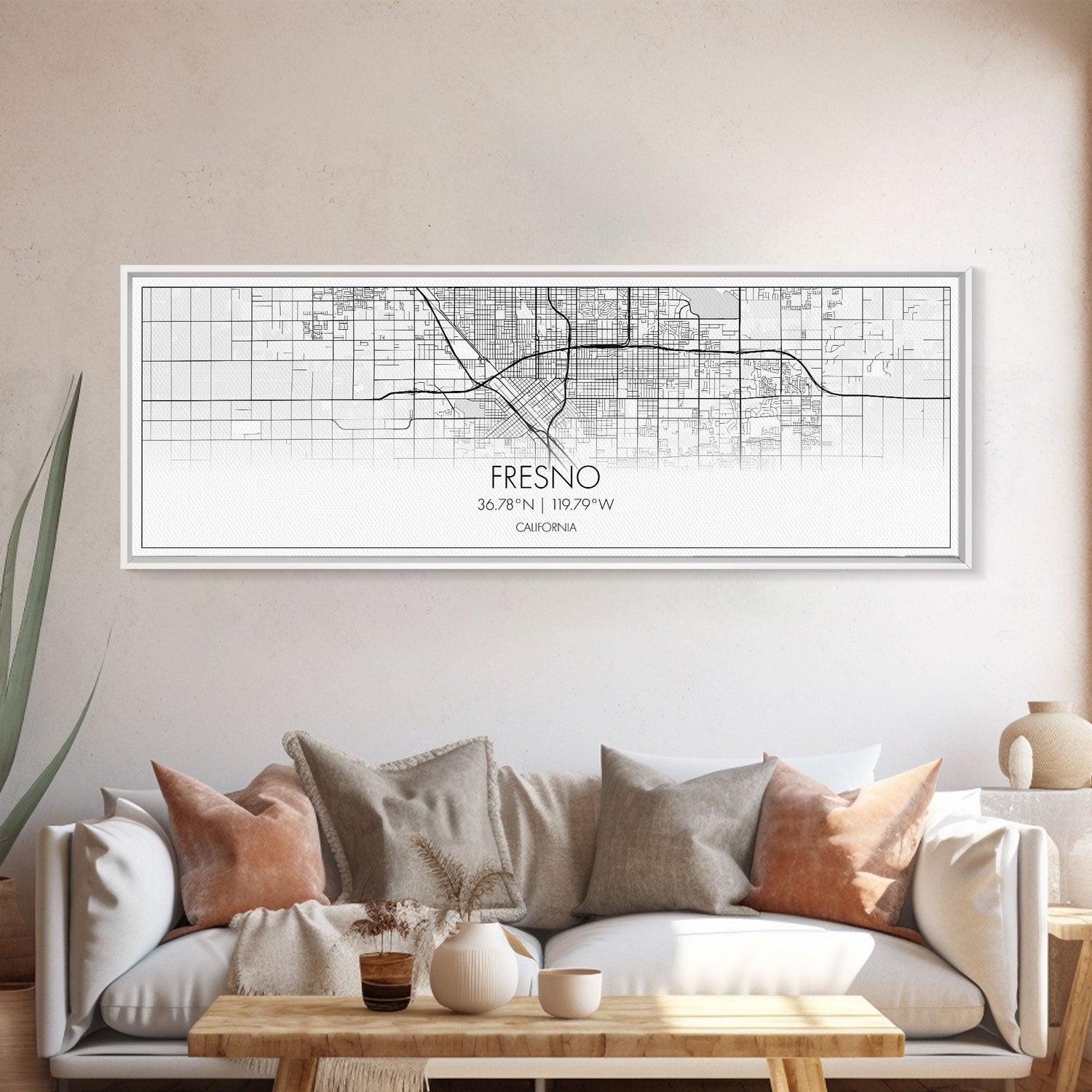 Panoramic Fresno City Map, California Art, Map Print, Minimalist Wall Art, Canvas Art, Housewarming Gift, Street Map Art, Closing Gift
