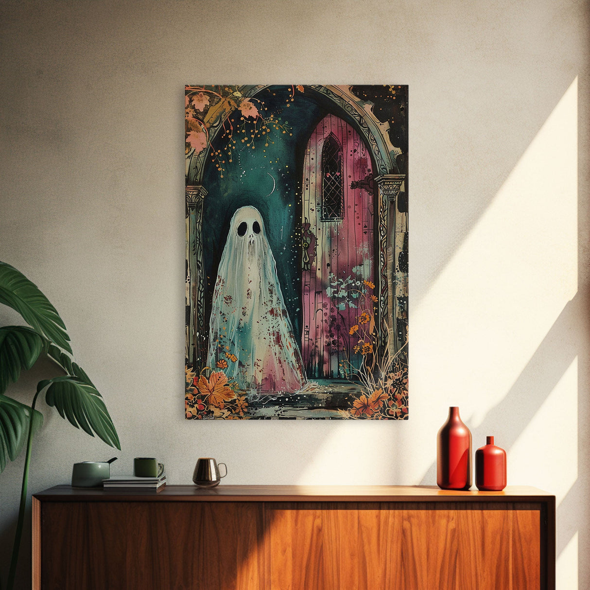 Ghostly Figure at Haunted Door Framed Canvas Print, Halloween Spirit Decor, Spooky Ghost Art, Haunted House Wall Art, Creepy Ghostly Print