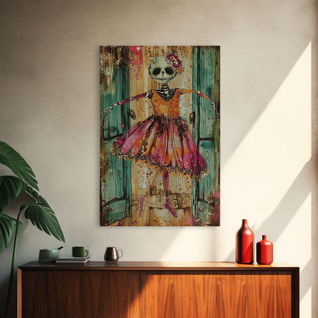 Spooky Skeleton Ballerina, Framed Canvas Print, Halloween Wall Art