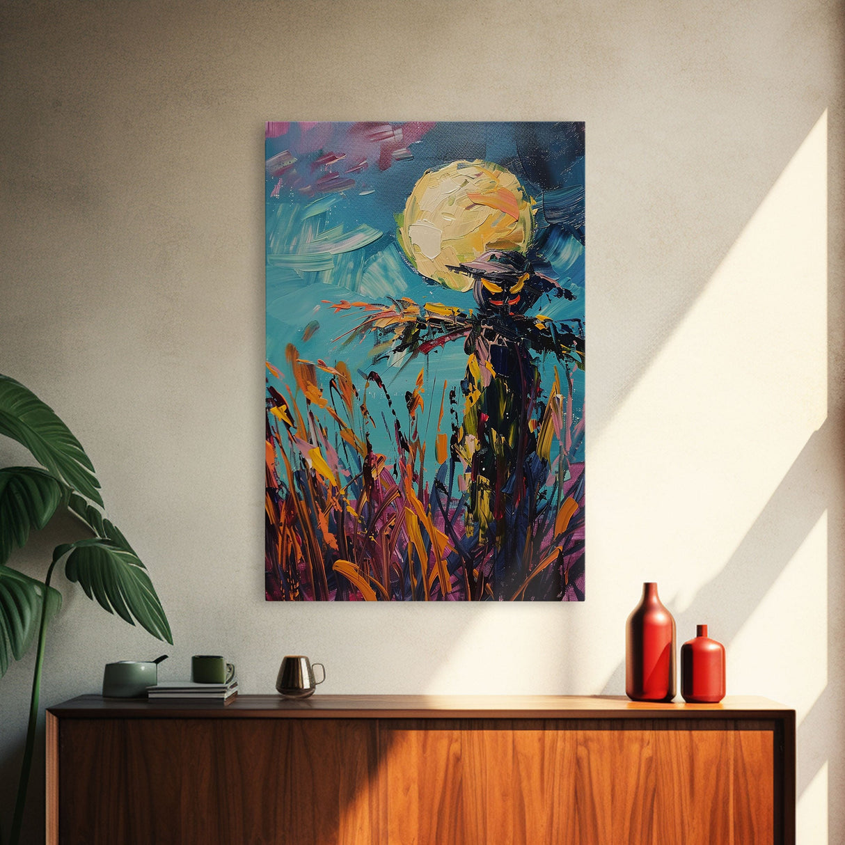 Halloween Spooky Scarecrow Under Full Moon Framed Canvas Print, Haunted Field Wall Art, Home Decor, Seasonal Decor, Gift Idea, Harvest Night