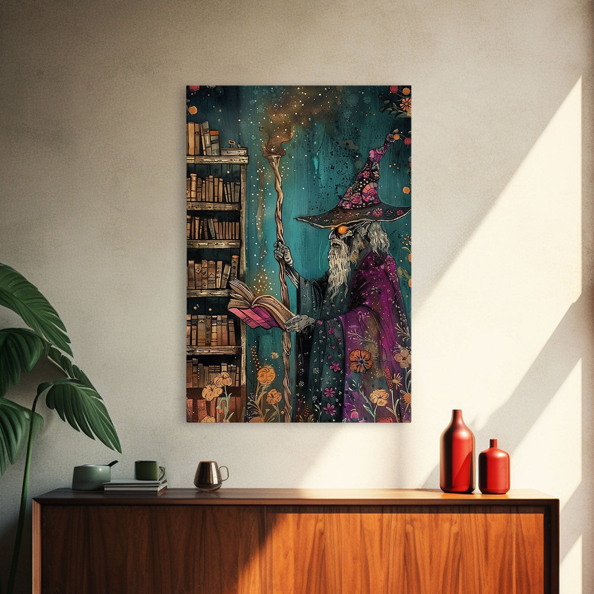 Halloween Eerie Wizard in Haunted Library Framed Canvas Print, Gothic Wall Art, Home Decor, Witchcraft Decor, Gift Idea, Enchanted Study