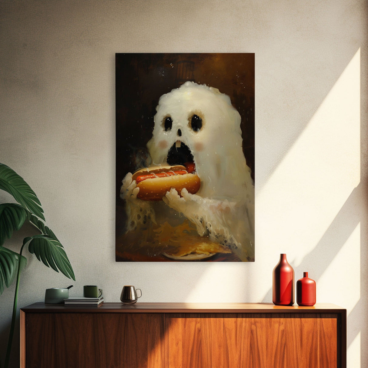 Ghostly Hot Dog Thief, Cute Lil Ghost Eatin' a Dog, The Hot Dog Ghost, Haunted Hot Dog Thief, Framed Canvas Print, Halloween Art