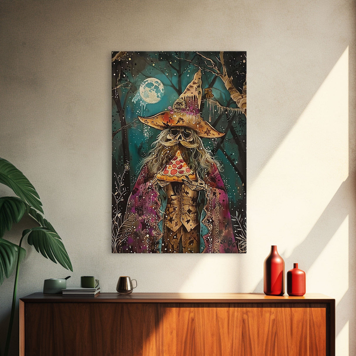 Ghostly Wizard Having A Slice of Pizza, Funny Halloween Decor, Framed Canvas Print