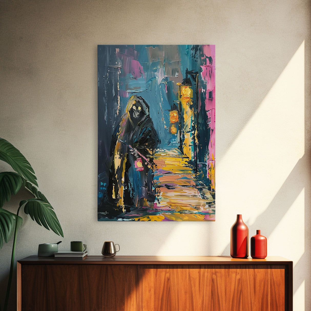 Halloween Grim Reaper with Lantern, Framed Canvas Print, Wall Art, Living Room Decor, Spooky, Grim Reaper Art, Original Painting