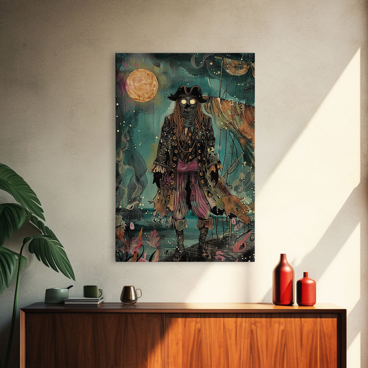 Halloween Ghost Pirate Under Full Moon Framed Canvas Print, Spooky Decor, Living Room Art, Nautical Halloween Wall Art, Home Decoration