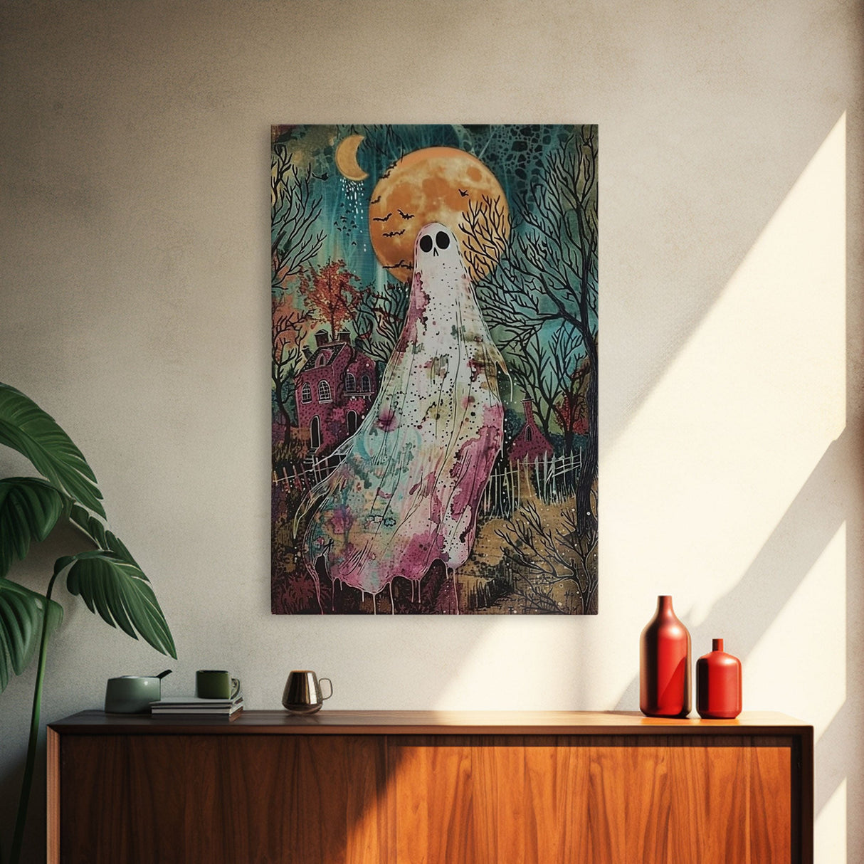 Halloween Ghost in Haunted Forest Framed Canvas Print, Spooky Decor, Living Room Art, Creepy Halloween Wall Art, Home Decoration