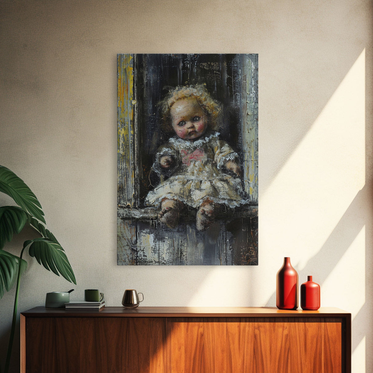 Halloween Girl Eating Macaron Framed Canvas Print, Whimsical Spooky Decor, Living Room Art, Fun Halloween Wall Art, Home Decoration