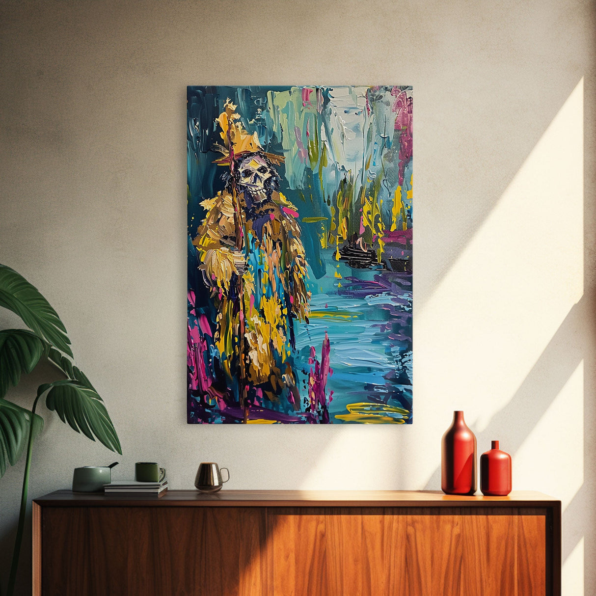 Halloween Skeleton Wizard, Framed Canvas Print, Wall Art, Home Decor, Spooky Artwork, Witchcraft Decor, Fantasy Art, Holiday Decor