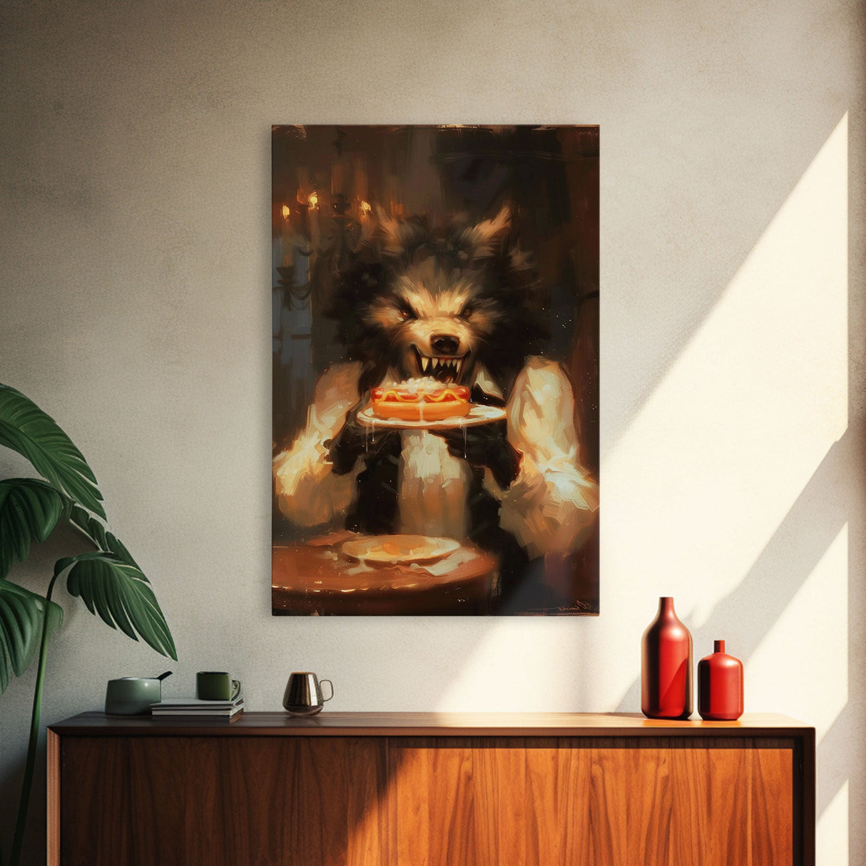 Halloween Werewolf Eating Hotdog, Framed Canvas Print, Wall Art, Spooky Artwork, Fantasy Decor, Halloween Decor, Whimsical Funny Halloween