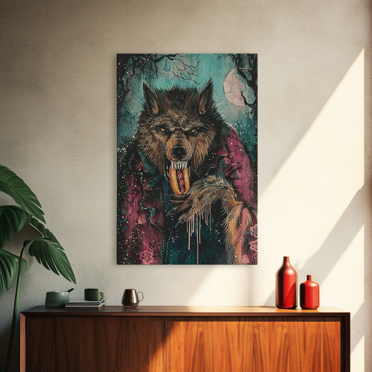Halloween Werewolf Snarling with Hotdog, Framed Canvas Print, Wall Art, Home Decor, Spooky Artwork, Monster Decor, Halloween Decor