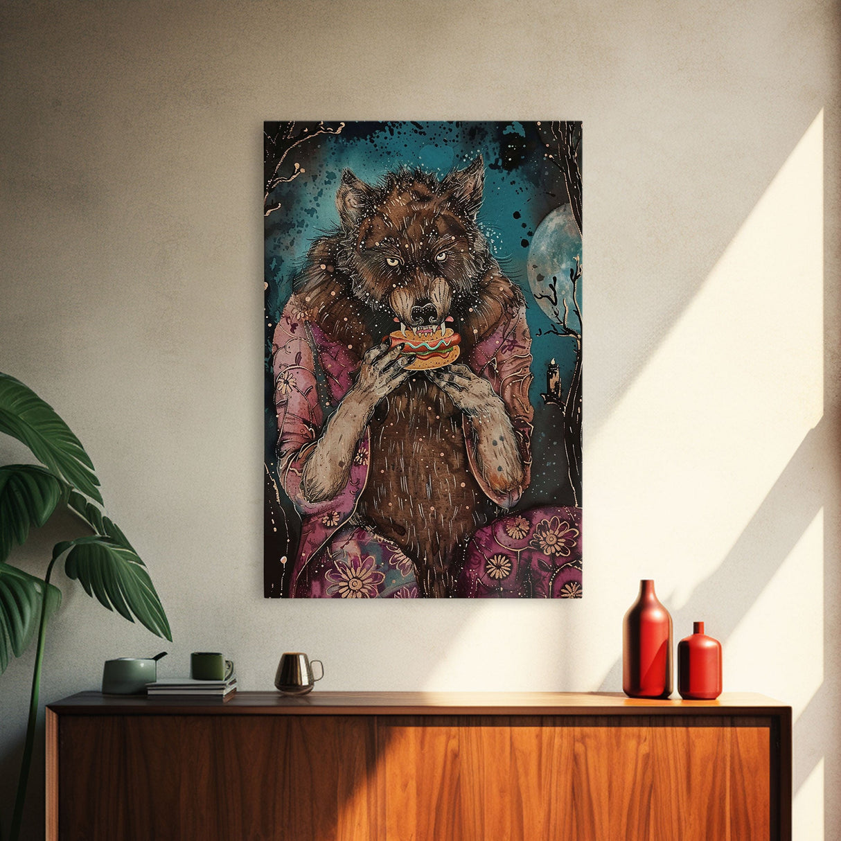Halloween Werewolf Enjoying Hotdog, Framed Canvas Print, Wall Art, Home Decor, Spooky Artwork, Fantasy Decor, Halloween Decor, Holiday Gift