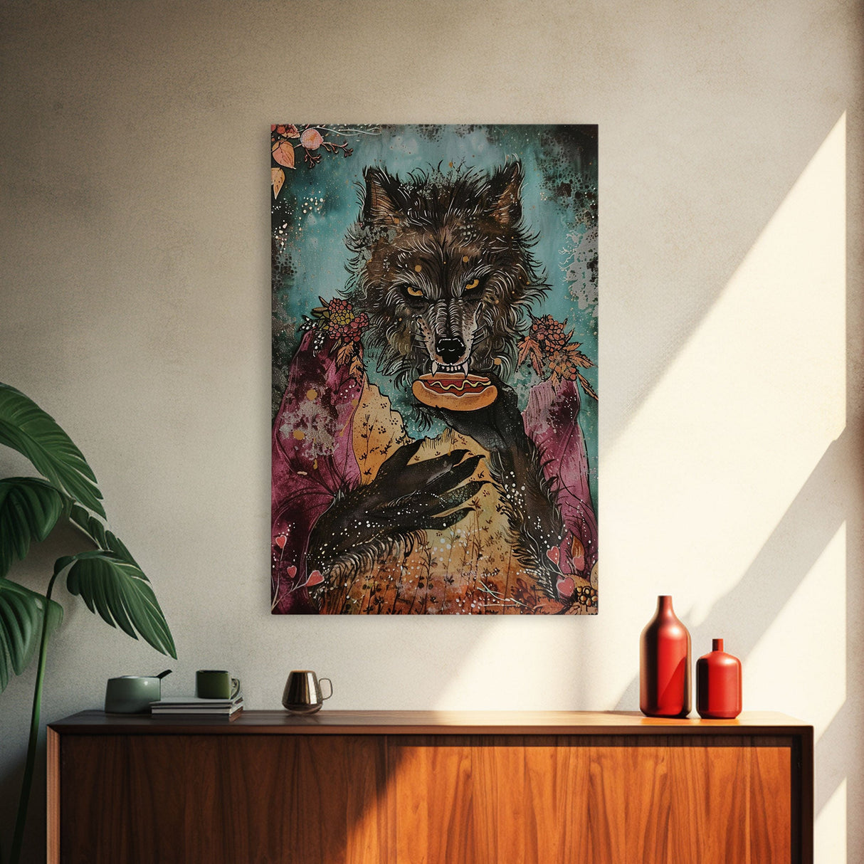 Halloween Werewolf Holding Hotdog, Framed Canvas Print, Wall Art, Home Decor, Spooky Artwork, Fantasy Decor, Halloween Decor