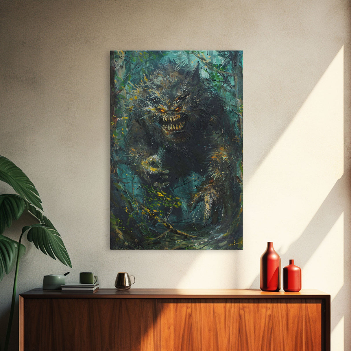 Halloween Frightening Forest Beast Framed Canvas Print, Wall Art, Home Decor, Living Room Decoration, Scary Creature Art, Haunted Decor