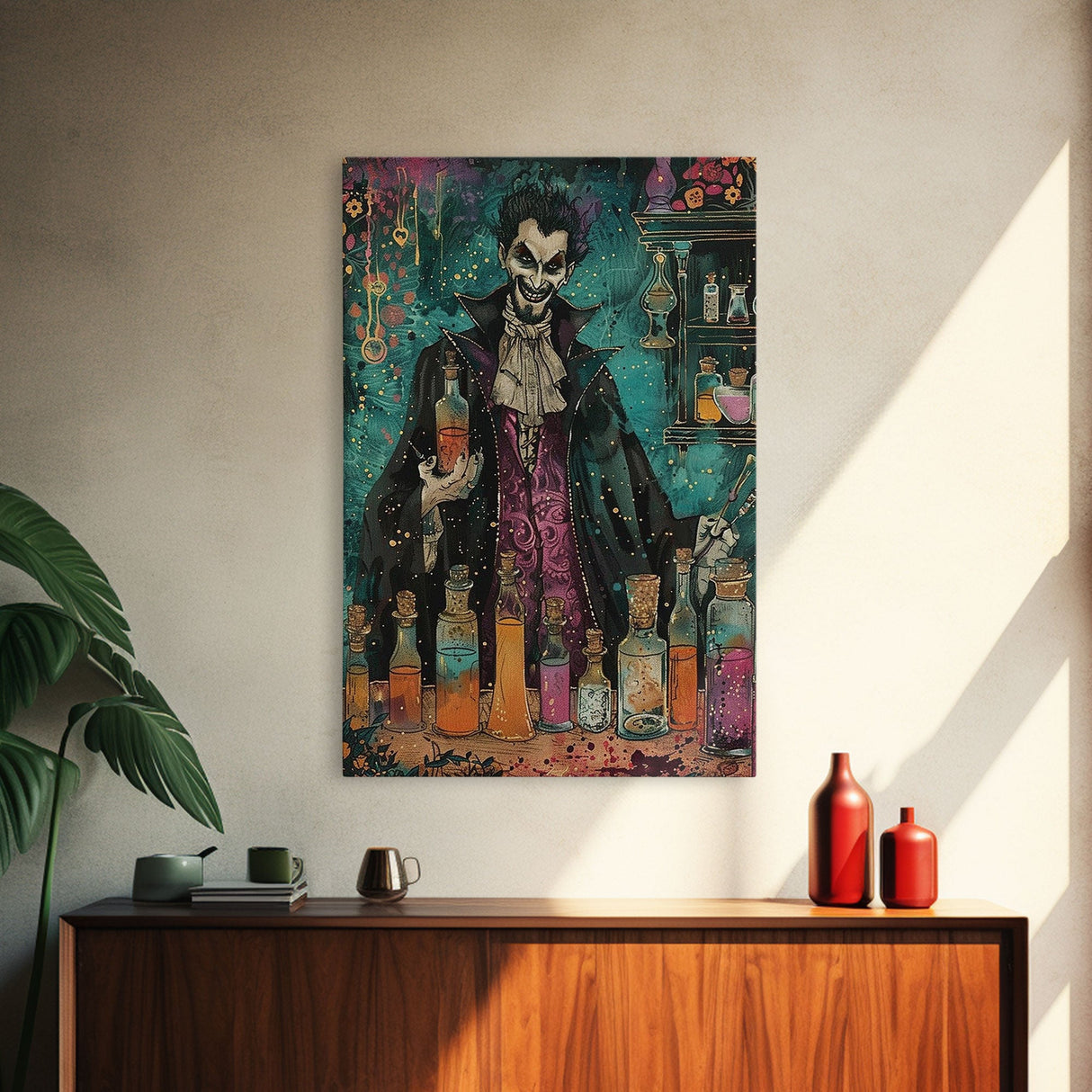 Halloween Frightening Werewolf with Burger Framed Canvas Print, Wall Art, Living Room Decor, Kitchen Art, Unique Halloween Gift Spooky Decor