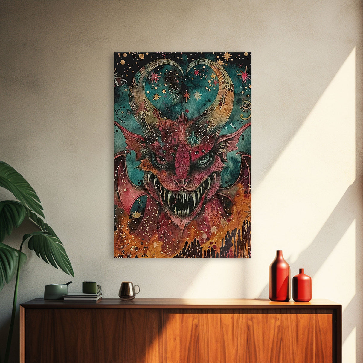 Fantastical Demon with Stars Framed Canvas Print | Halloween Monster Art | Spooky Starry Art | Scary Demon Art for Home Decoration