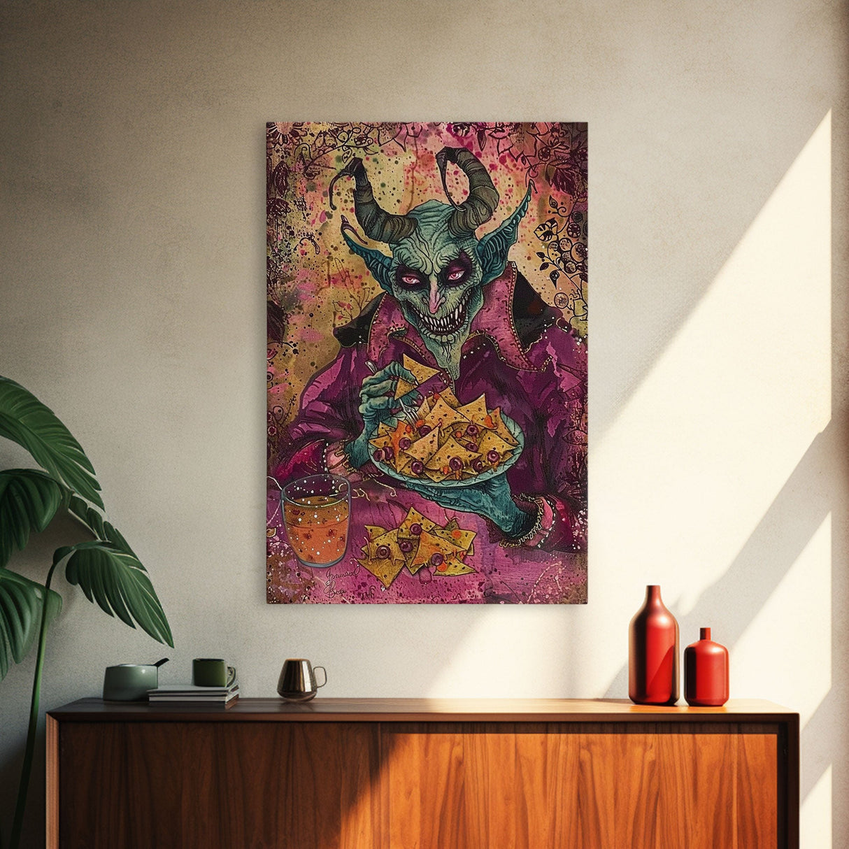 Spooky Demon Eating Chips Framed Canvas Print, Halloween Art, Unique Wall Art, Creepy Home Decor, Scary Art, Spooky Living Room Decor