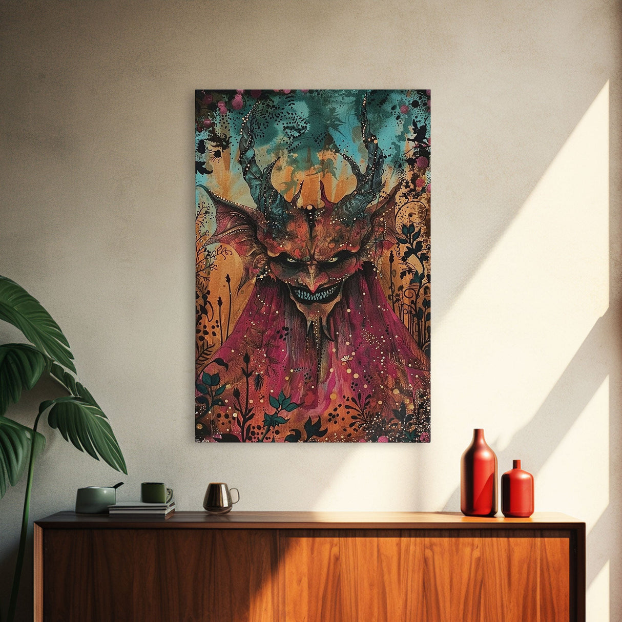 Dark Demon with Menacing Smile Framed Canvas Print, Halloween Art, Creepy Wall Art, Spooky Home Decor, Scary Art, Creepy Living Room Decor