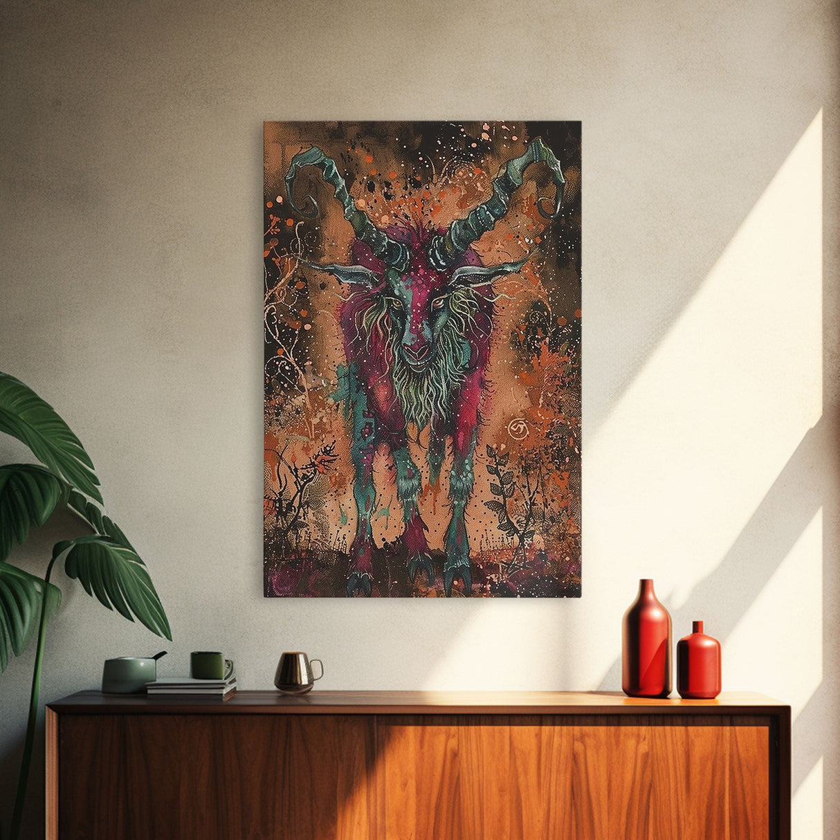 Mysterious Goat Demon Framed Canvas Print, Halloween Art, Unique Wall Art, Spooky Home Decor, Scary Art, Eerie Living Room Decor