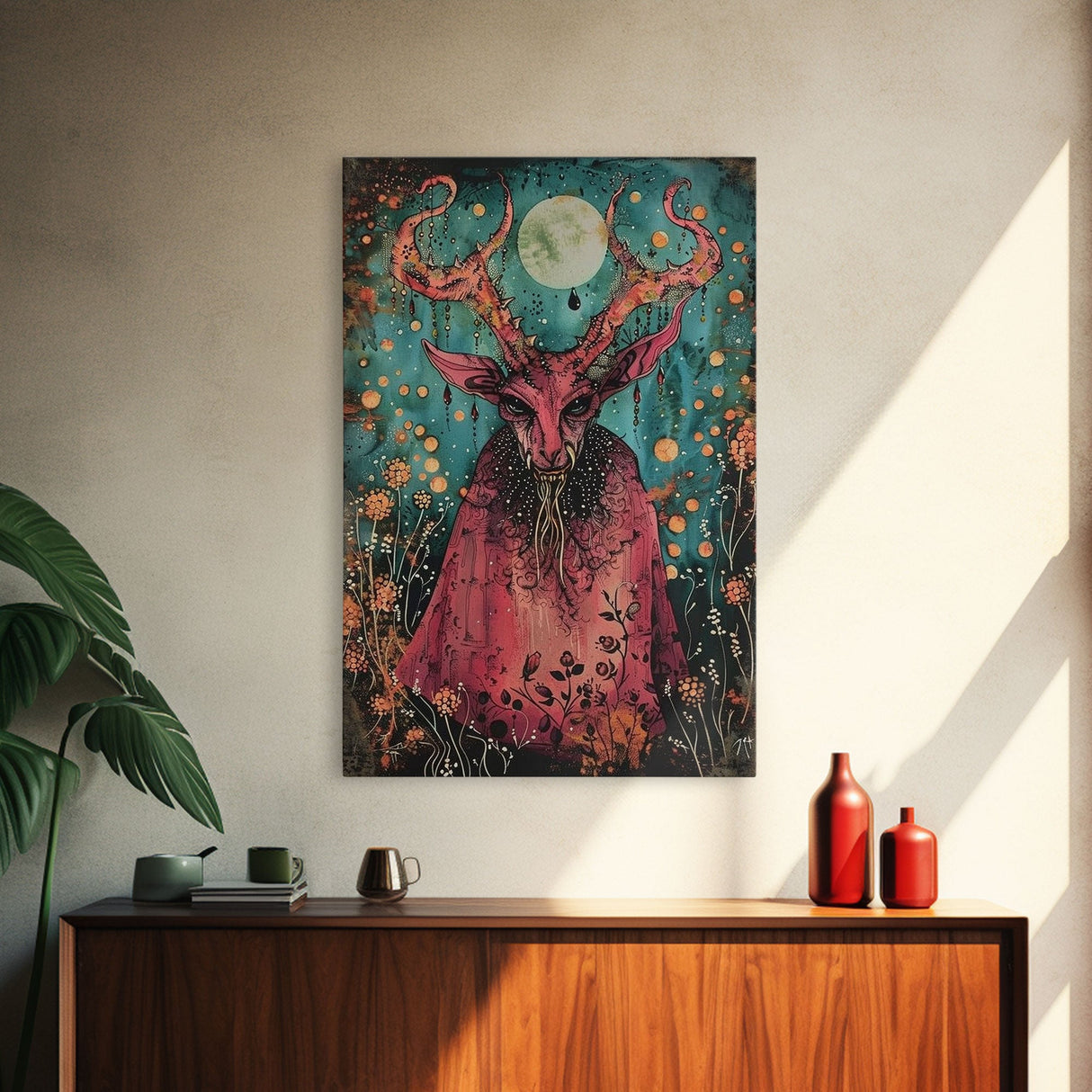 Enchanted Demon Under Full Moon Framed Canvas Print, Halloween Art, Creepy Wall Art, Spooky Home Decor, Art, Haunting Living Room Decor