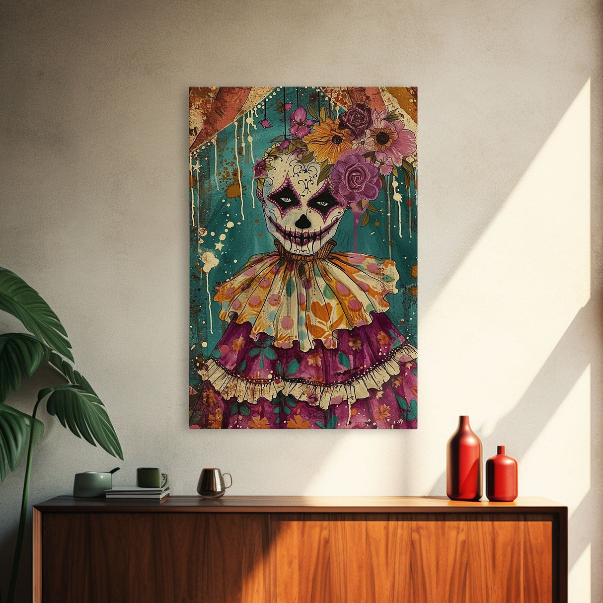 Day of the Dead Doll with Floral Crown Framed Canvas Print, Halloween Art, Creepy Wall Art, Spooky Home Decor, Scary Art, Unique Wall Decor
