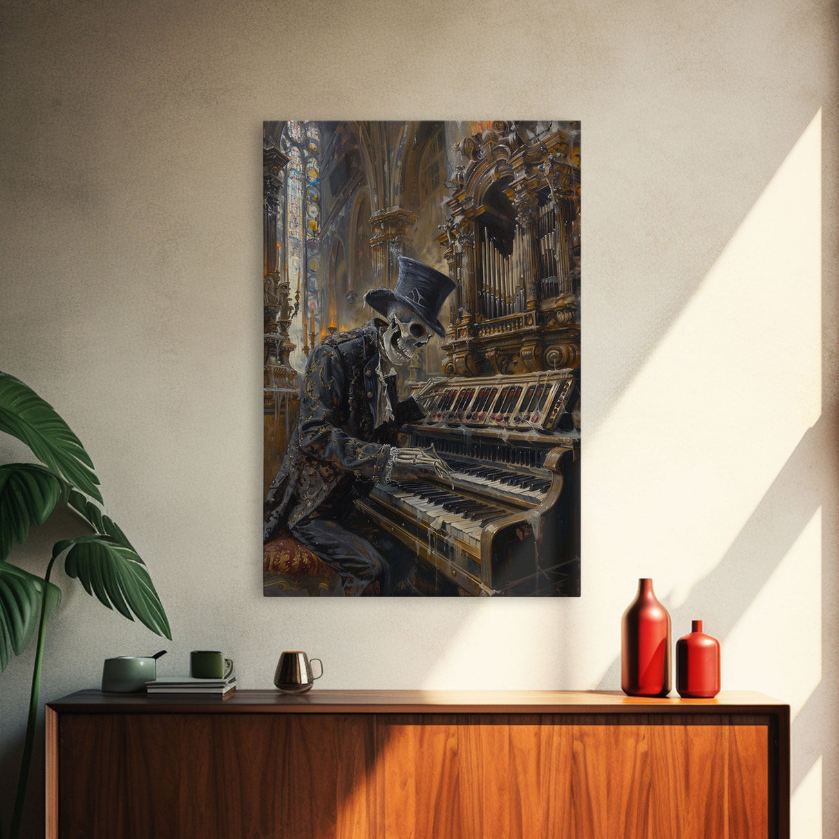 Halloween Skeleton Playing the Organ in Gothic Church - Creepy Skeleton Musician in Haunted Cathedral - Halloween Art Print - Gothic Decor