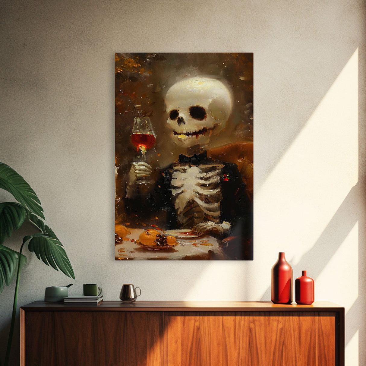 Spooky Skeleton Enjoying a Glass of Wine - Elegant Skeleton Dining - Halloween Art Print - Skeleton Decor - Spooky Art for Halloween Parties