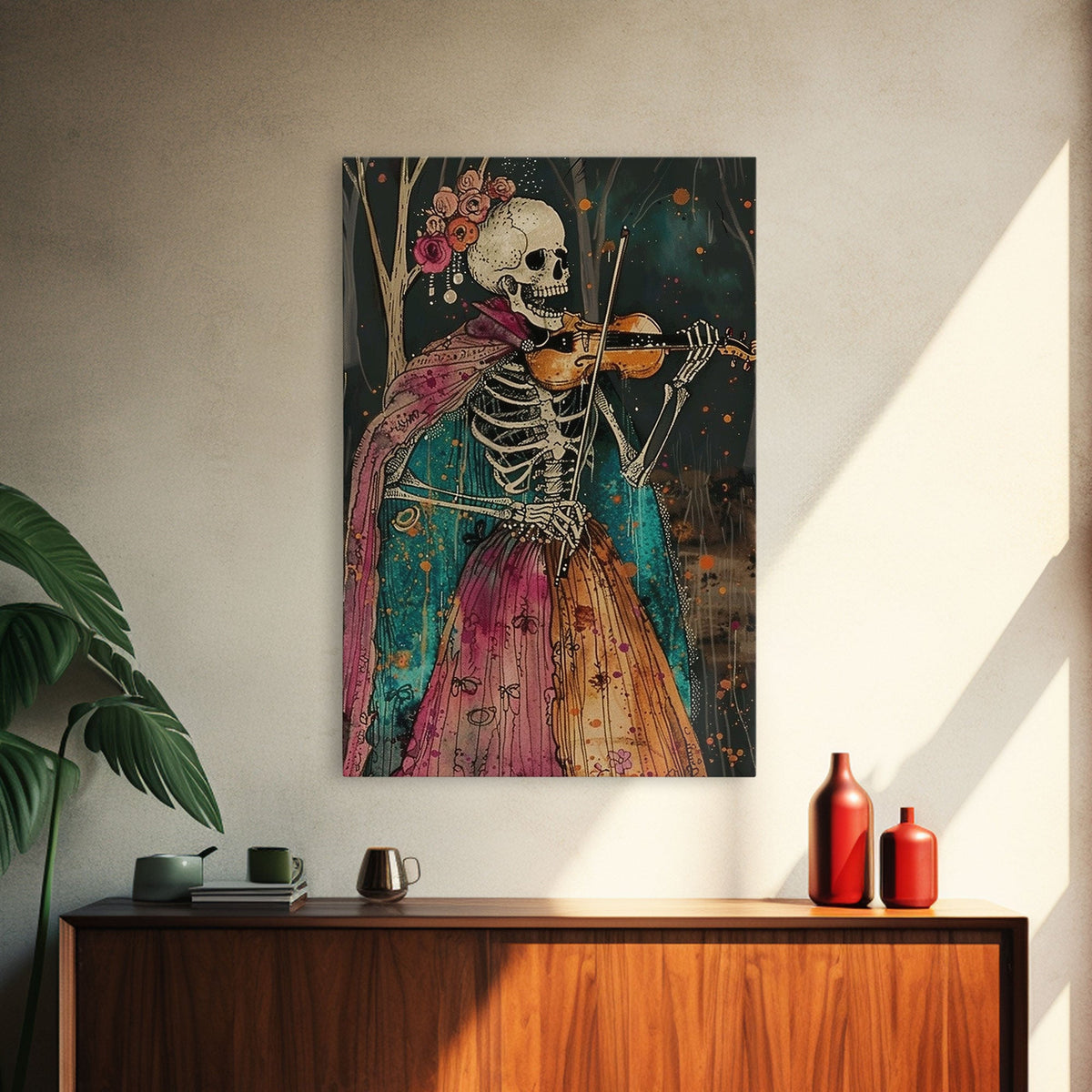 Day of the Dead Skeleton Playing Violin - Colorful Skeleton Art - Dia de los Muertos Inspired Print - Halloween Skeleton Decor