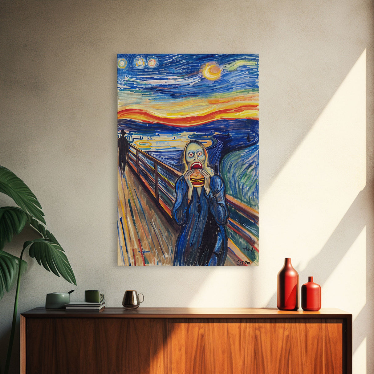 Scream-Inspired Halloween Art with a Figure Eating a Hamburger, Combining Horror and Humor for a Unique and Spooky Wall Art Piece