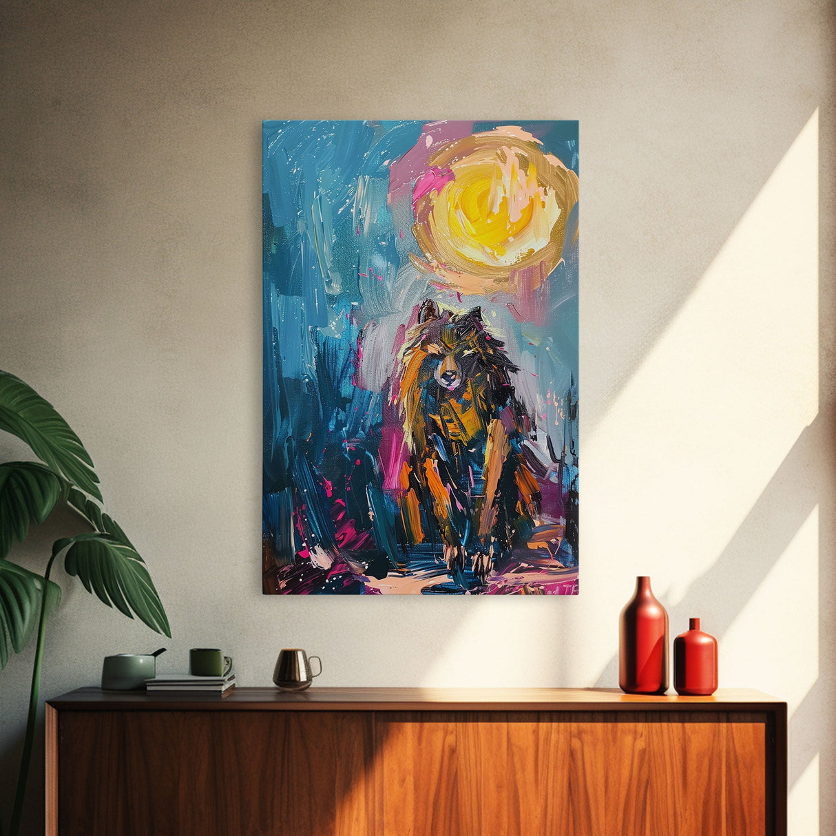 Halloween Art of a Werewolf in a Dress Eating Pizza Under the Moonlight, Perfect for Adding a Playful Touch to Spooky Decor