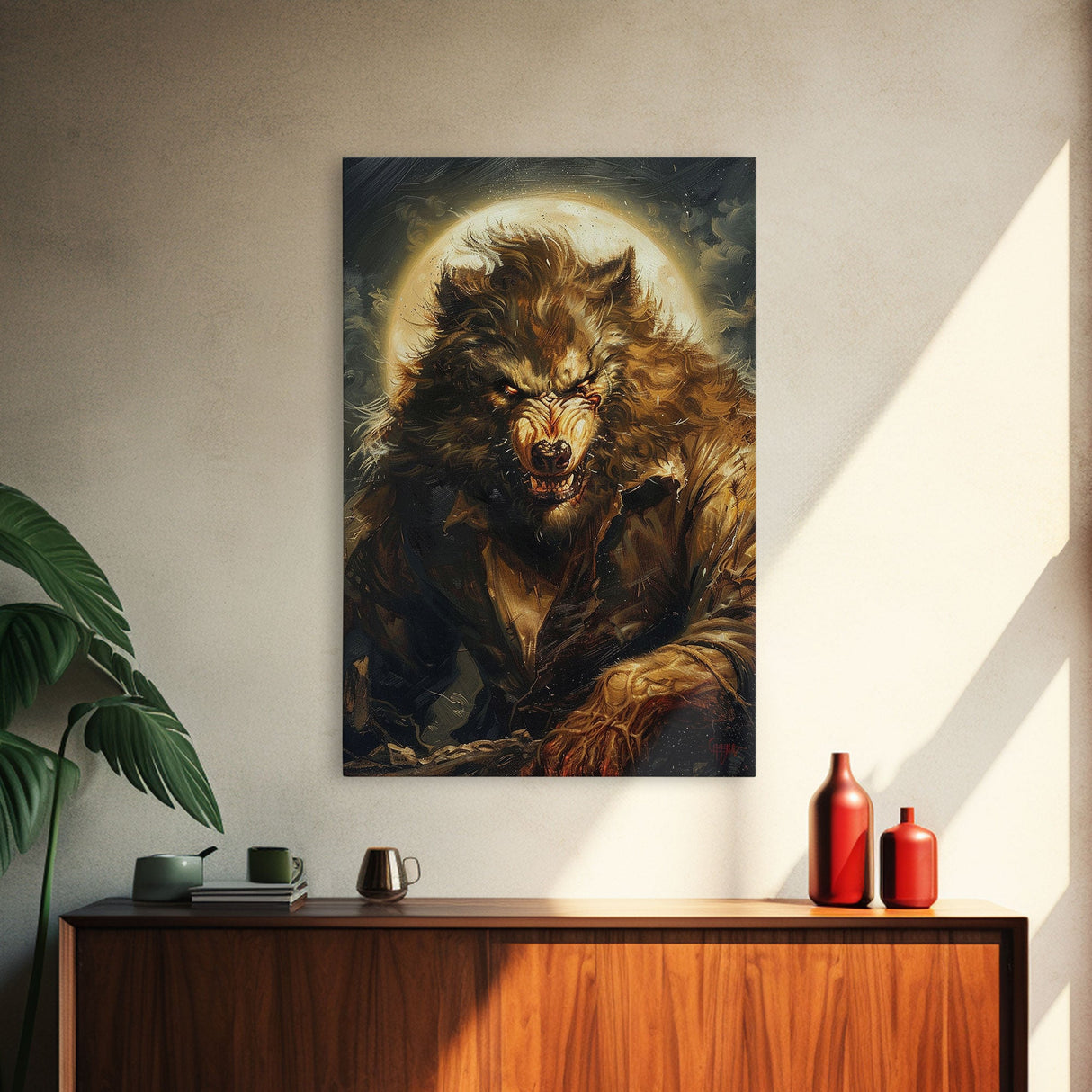 Ferocious Werewolf Under Full Moon Framed Canvas Print | Halloween Monster Art | Spooky Werewolf Decor for Home | Intense Werewolf Artwork