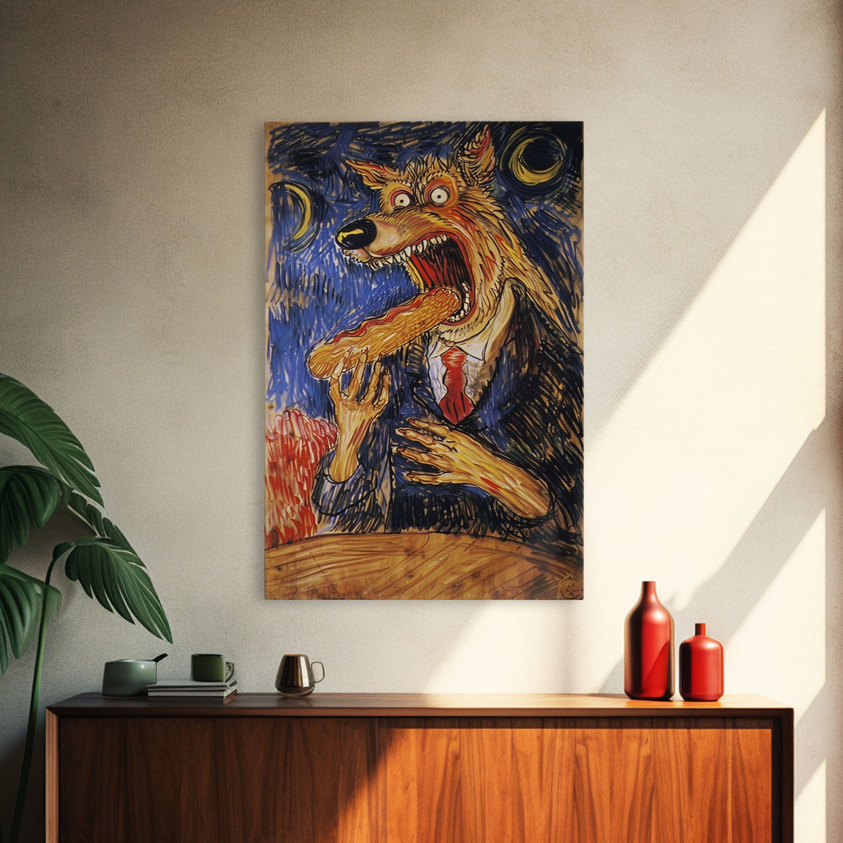 Business Werewolf Eating a Hot Dog, Framed Canvas print, Funny Halloween Art, Spooky Season, The Scream Inspired Funny Art