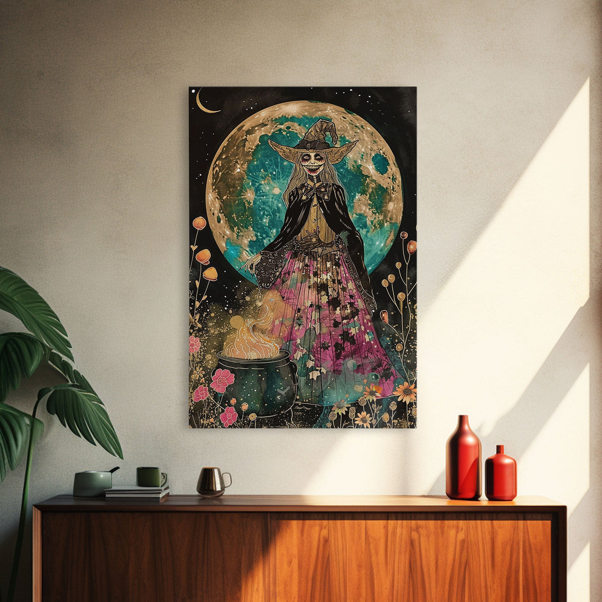 Spooky Witch with Cauldron Under Full Moon Framed Canvas Print | Halloween Witch Art | Witch Decor for Home | Magical Halloween Artwork
