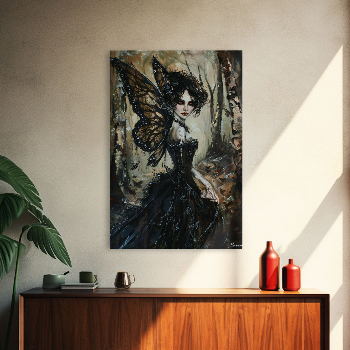 Dark Gothic Fairy with Butterfly Wings| Halloween Wall Art | Spooky Home Decor | Creepy Gothic Fairy Painting | Framed Canvas Print