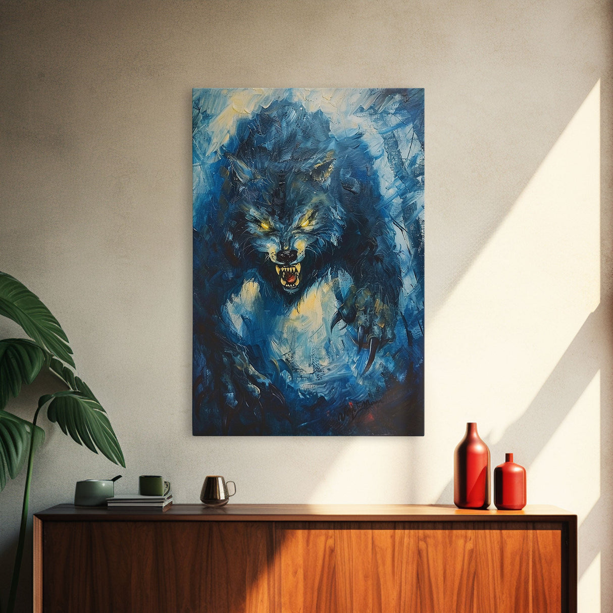 Ferocious Werewolf Growling in Forest | Halloween Wall Art | Spooky Home Decor | Creepy Werewolf Howling Painting | Framed Canvas Print